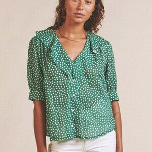 Trovata Green Polka Dot Shirt Blouse Ruffled Short Sleeve Size M Anthro Cottage